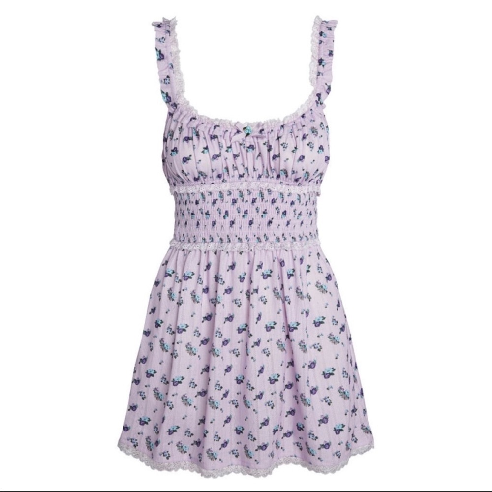 For Love and Lemons Lola Pointelle Dress purple ditsy floral baby doll dress